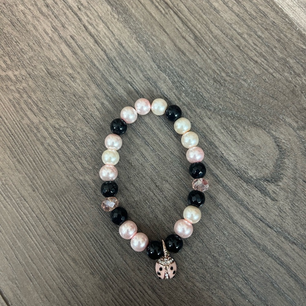 NEW handmade Pink and Black ladybug gemstone Beaded Bracelet